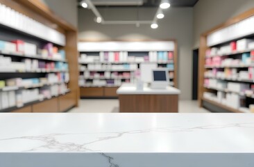 Empty white marble counter top with blur pharmacy drugstore shelves background 