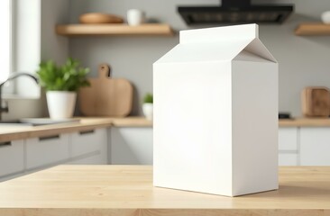Plain cereal white box mockup on modern kitchen background