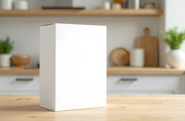 Plain cereal white box mockup on modern kitchen background