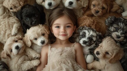 A young girl in a white dress, surrounded by a cuddly array of puppies, radiating innocence and joy.