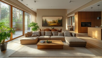 Fototapeta premium A spacious, sunlit living room with large windows overlooking a forest, epitomizing comfort and nature.