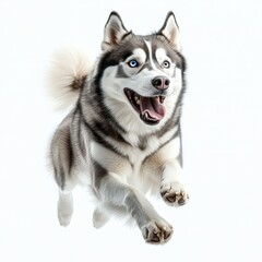 A Captivating Husky in Mid-Air: A Stunning Portrait of Joyful Energy Against a Bright White Background