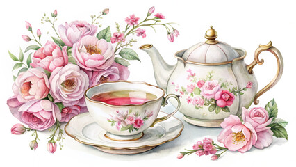 Fototapeta premium Watercolor Teacup and Teapot with Pink Roses and Cherry Blossoms