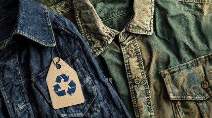 Sustainable fashion is highlighted with recycle logo tag attached to denim and green shirts, emphasizing eco friendly practices in clothing
