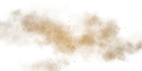 Magic golden smoke with glitter and small particles of twinkling stars. Fog with luminous particles. Yellow vapor with stardust. Morning fog over land or water surface, magic haze. Fog or smoke. PNG.