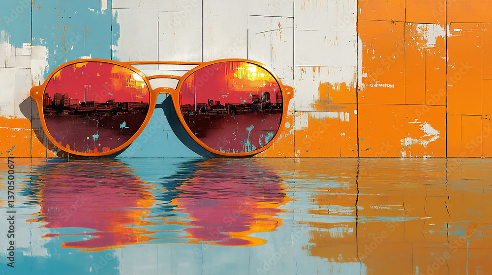 Poster a vibrant and artistic rendering of a swimming pool with flip-flops and sunglasses as key elements.