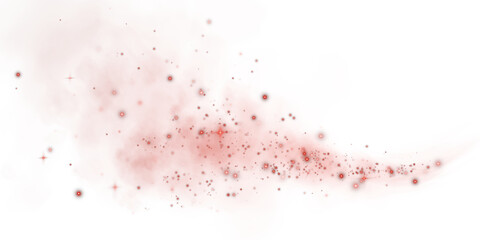 Magic red smoke with glitter and small particles of twinkling stars. Fog with luminous particles. Red vapor with stardust. Morning fog over land or water surface, magic haze. Fog or smoke. PNG.