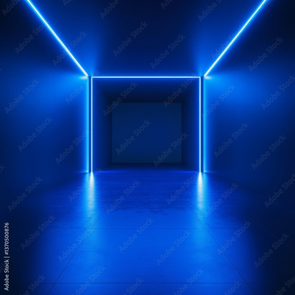 Poster futuristic blue: glowing neon square portal leading to an unknown space of modern design