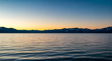 Obraz premium A peaceful sunset over Lake Tahoe, with smooth water, surrounding pine forests, and snow-covered peaks in the distance, AI Generated