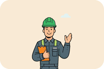 Friendly Worker with Clipboard: Site Communication, Vector Illustration of Industrial Interaction and Guidance in a Modern, Stylized Design.