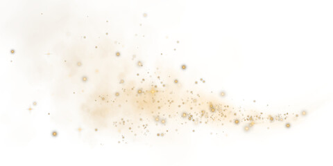 Magic yellow smoke with glitter and small particles of twinkling stars. Fog with luminous particles. Yellow vapor with stardust. Morning fog over land or water surface, magic haze. Fog or smoke. PNG.