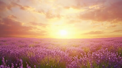 A vast field of blooming lavender with a golden sunset in the background