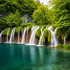 Obraz premium A serene view of the Plitvice Lakes National Park in Croatia, with cascading waterfalls, crystal-clear blue lakes, and lush greenery, AI Generated