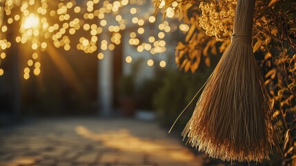 A handheld broom hangs beside twinkling golden lights in the evening