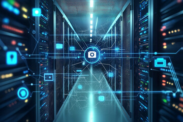 ICT - information and telecommunication technology and IOT - internet of things concepts. Diagrams with icons on server room backgrounds