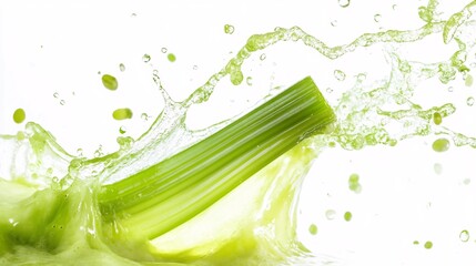 Dramatic splash of celery in vibrant detox juice highlighting healthy living