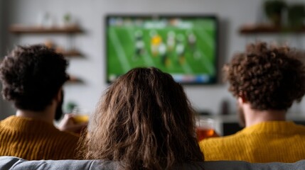 Three friends watch American football in sleek, sunlit interior with modern design. A cozy minimalist living room sets the scene for a game day hangout with friends.