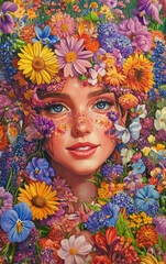 A beautiful woman surrounded by vibrant flowers, with colorful blooms in her hair and on the skin of her face. 