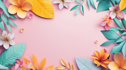 Obraz premium Colorful Botanical Frame with Orange, Yellow, and Teal Flowers and Leaves on Pink Background