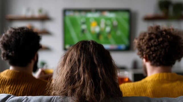 Three friends watch American football in sleek, sunlit interior with modern design. A cozy minimalist living room sets the scene for a game day hangout with friends.