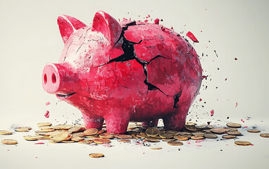 Vibrant Broken Piggy Bank with Scattered Gold Coins  