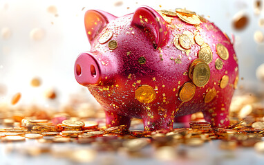Vibrant Broken Piggy Bank with Scattered Gold Coins  