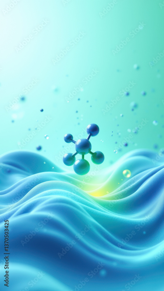 Poster nad molecule floating on a wave-like surface with bubbles.
