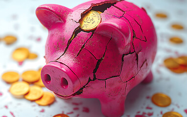 Vibrant Broken Piggy Bank with Scattered Gold Coins  