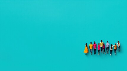 Diverse Group Walking on Teal Background Overhead View