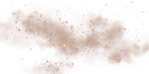 Magic chocolate brown smoke with glitter and small particles of twinkling stars. Fog with luminous particles. Chocolate brown vapor with stardust. PNG.
