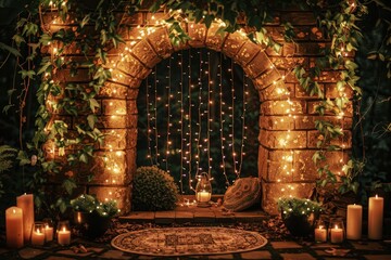 Fototapeta premium A beautifully lit stone archway adorned with greenery, candles, and fairy lights, creating a cozy and enchanting atmosphere.