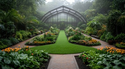 Lush greenhouse garden, misty morning