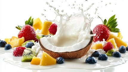 Creamy Coconut Milk Splashing Over Bright Tropical Fruits, Isolated on a White Background