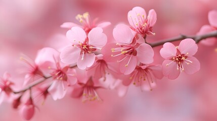 Naklejka premium Delicate pink cherry blossoms bloom abundantly on a branch in sptime showcasing vibrant petals and soft textures.