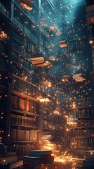 Library with Floating Books and Glowing Knowledge: Magical Bookshelf with Digital Sparkles Representing the Power of Learning and Imagination