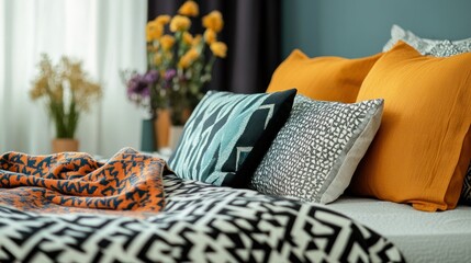 A cozy bedroom with colorful pillows and patterned textiles displayed