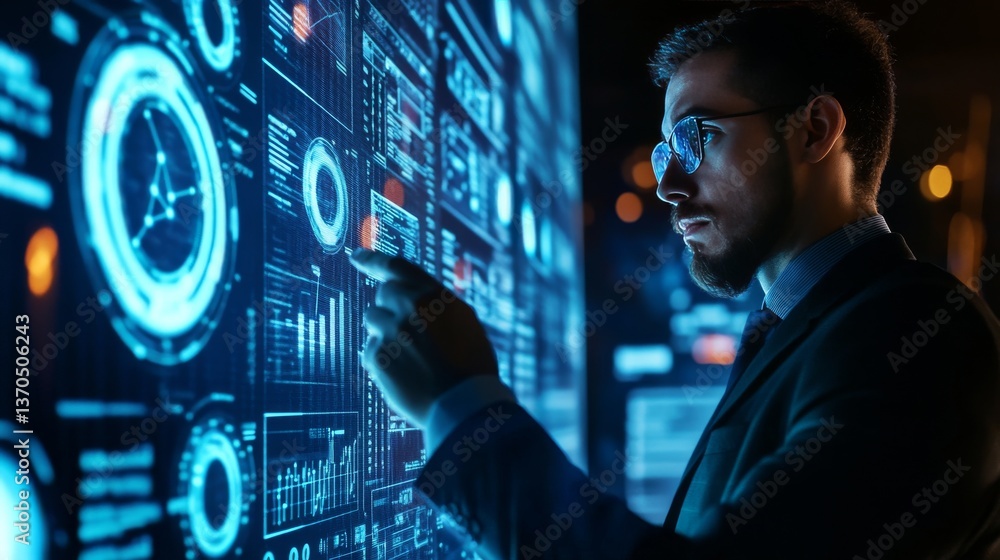 Poster businessman holding the global digital screen, digital layer effect, business strategy analytic conc