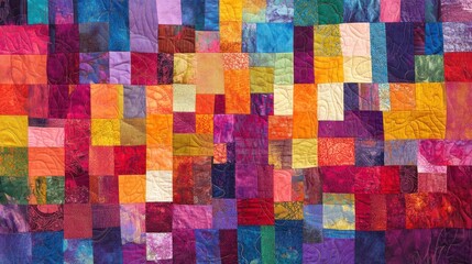 A quilt made of multi-colored fabric patches, creating a stunning, vibrant composition