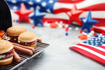 Memorial Day barbecue with burgers and hot dogs on grill, festive decorations and American flag, summer celebration concept