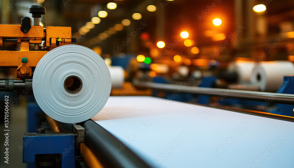Poster high tech industrial machine producing paper rolls in factory setting, showcasing efficiency and mod