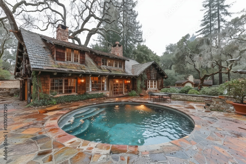 Poster a charming rustic house with a circular pool, surrounded by trees and stone pathways, showcasing coz