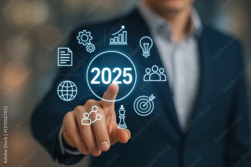 Poster vision 2025: a business executive interacts with a futuristic interface displaying a target date of 