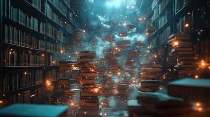 Library with Floating Books and Glowing Knowledge: Magical Bookshelf with Digital Sparkles Representing the Power of Learning and Imagination