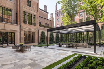 A luxurious outdoor patio featuring modern furniture, stone flooring, and lush greenery, creating a serene and stylish environment.