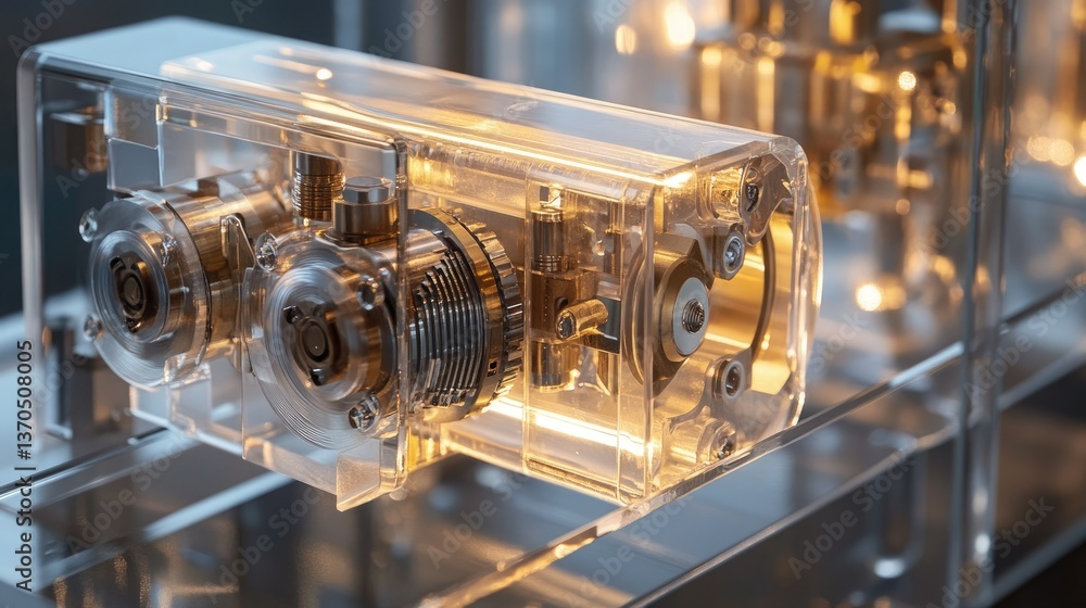 Poster a close-up view of a transparent mechanical clock mechanism showcasing intricate gears and movements