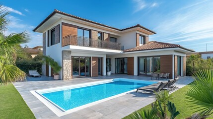 Fototapeta premium Modern villa with swimming pool surrounded by greenery and palm trees in a sunny environment luxury living concept