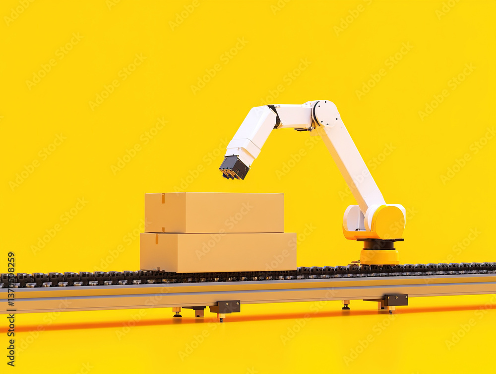 Poster efficient robotic arm stacks cardboard boxes on conveyor belt, showcasing automation in logistics an