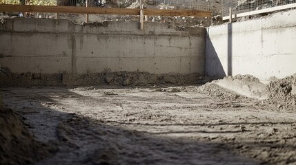 Concrete foundation construction site featuring exposed walls and earth ground