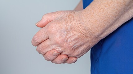Fototapeta premium Aged hands clasped together, showing wrinkles and age spots