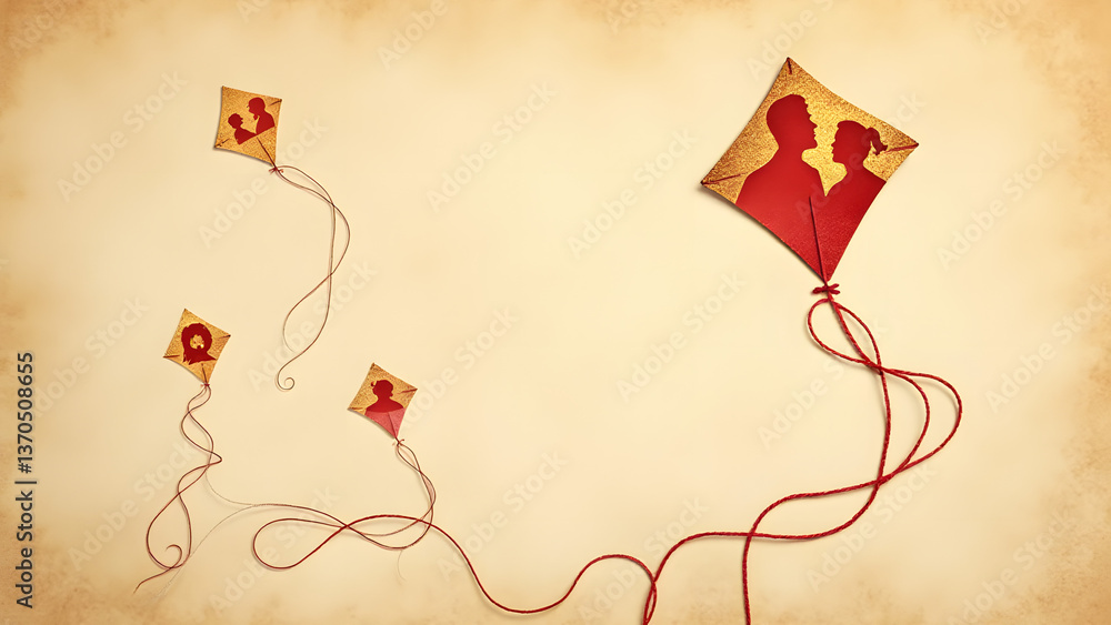 Poster portrait kites fly on red threads that knot but never tangle in this symbolic representation of fami